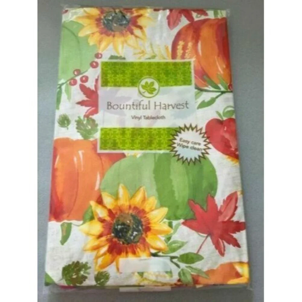 Pumpkins Fall Leaves Leafs Vinyl Tablecloth Thanksgiving Holiday 52x90 Sunflower